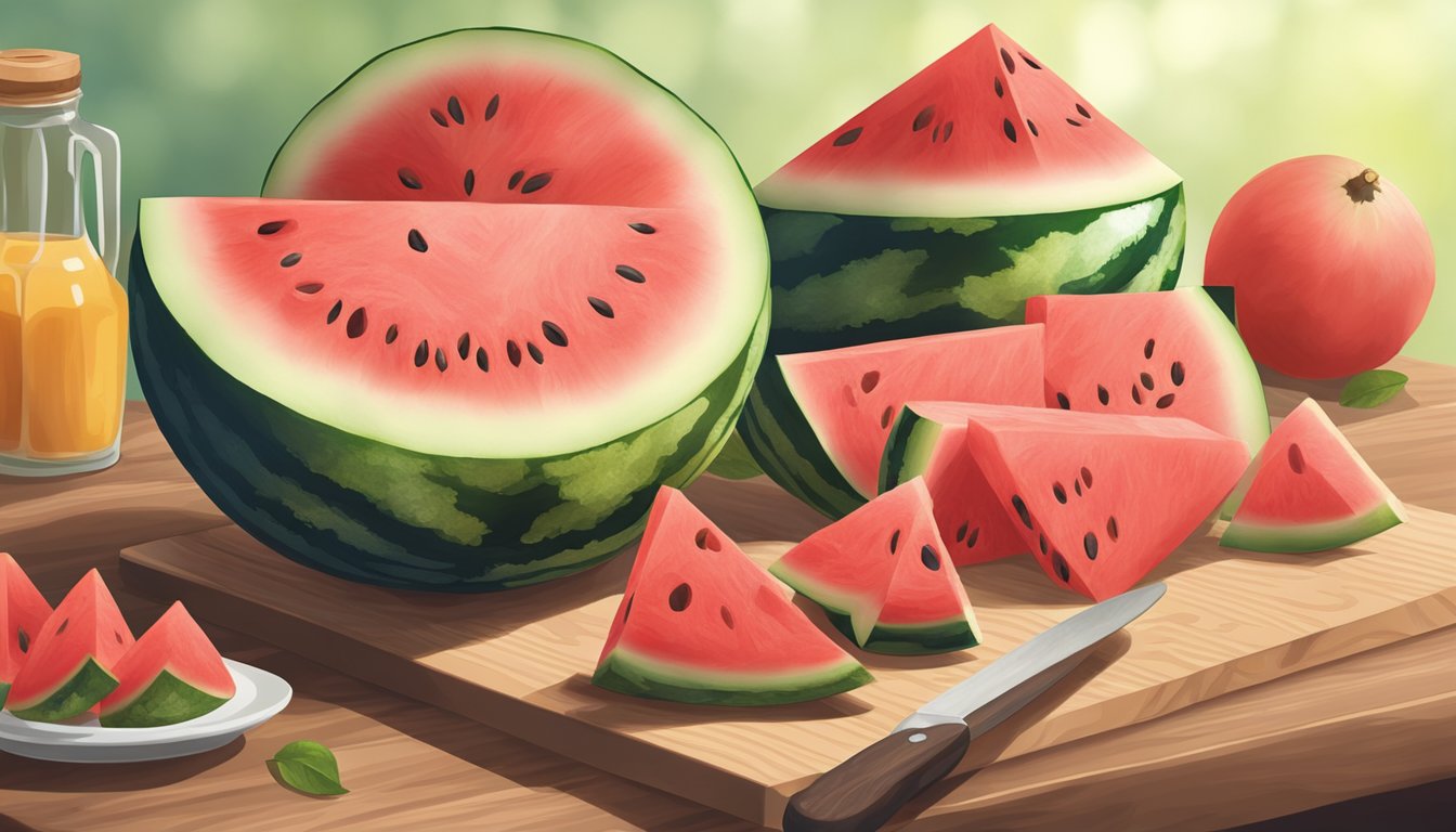 A watermelon being sliced and arranged with cheese on a wooden cutting board