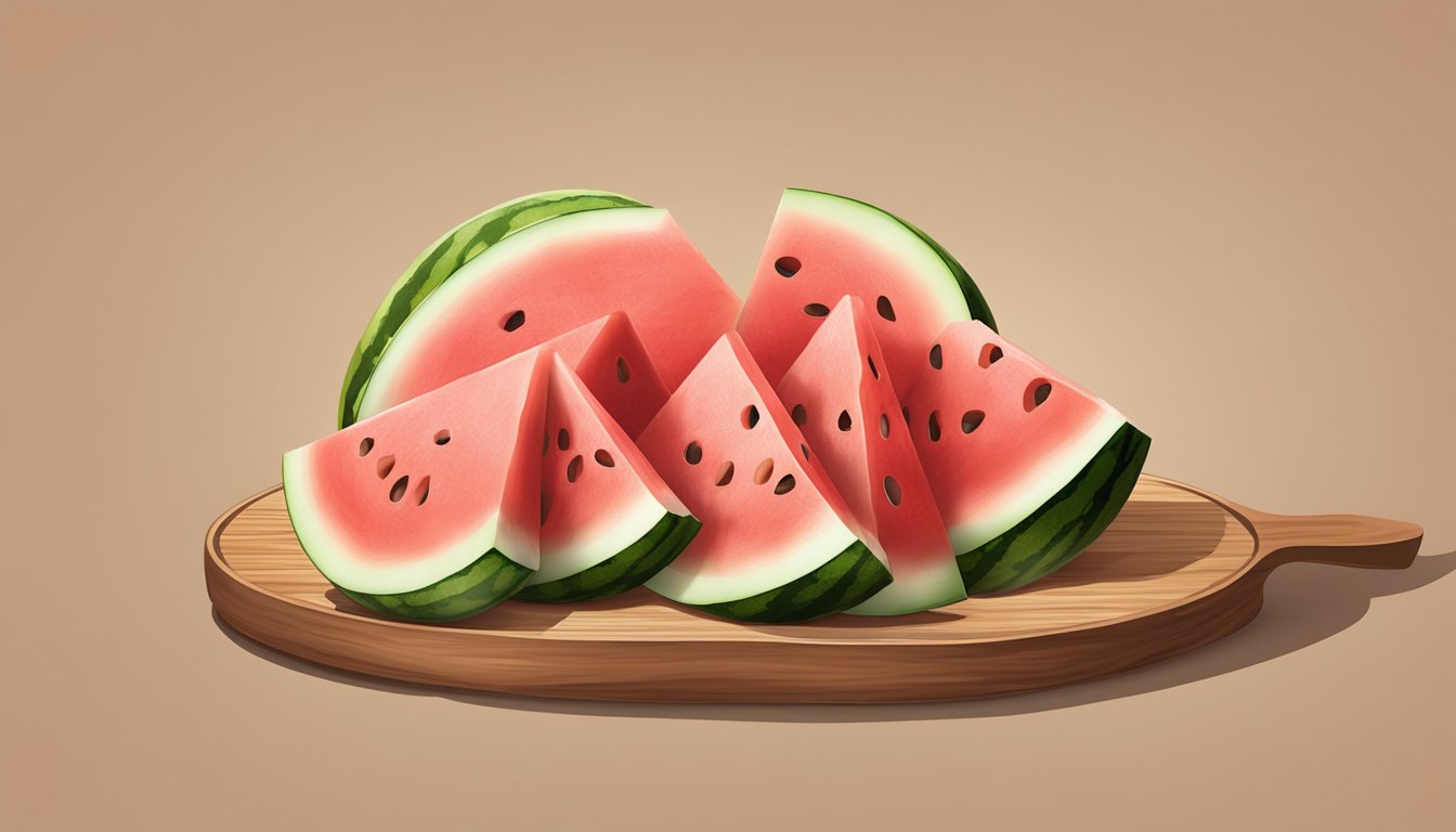 A sliced watermelon with cheese arranged on a wooden platter