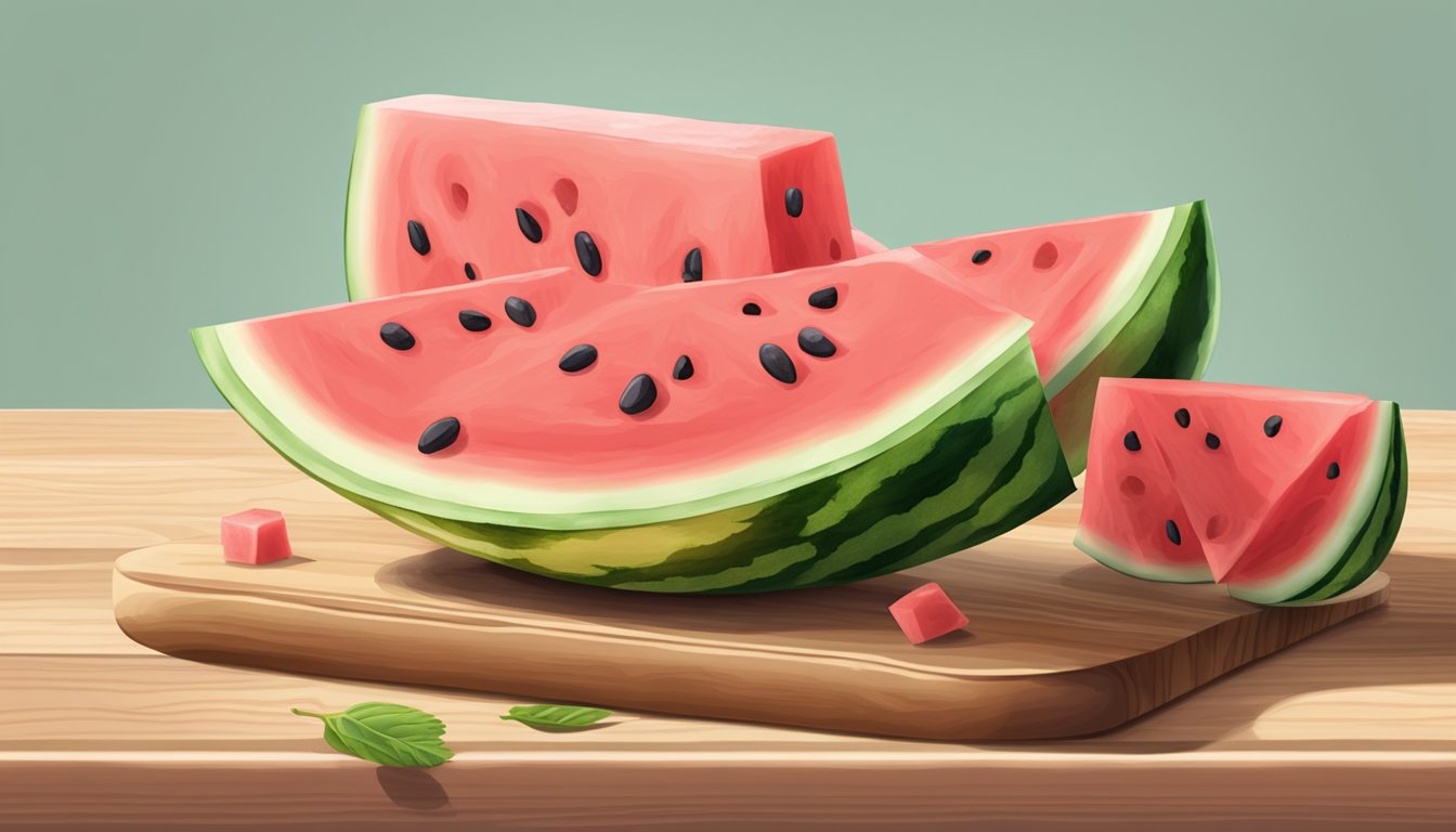 A juicy slice of watermelon topped with creamy cheese on a wooden cutting board