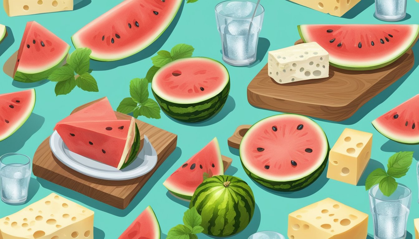 A slice of watermelon alongside a selection of cheeses on a wooden board, with a glass of sparkling water