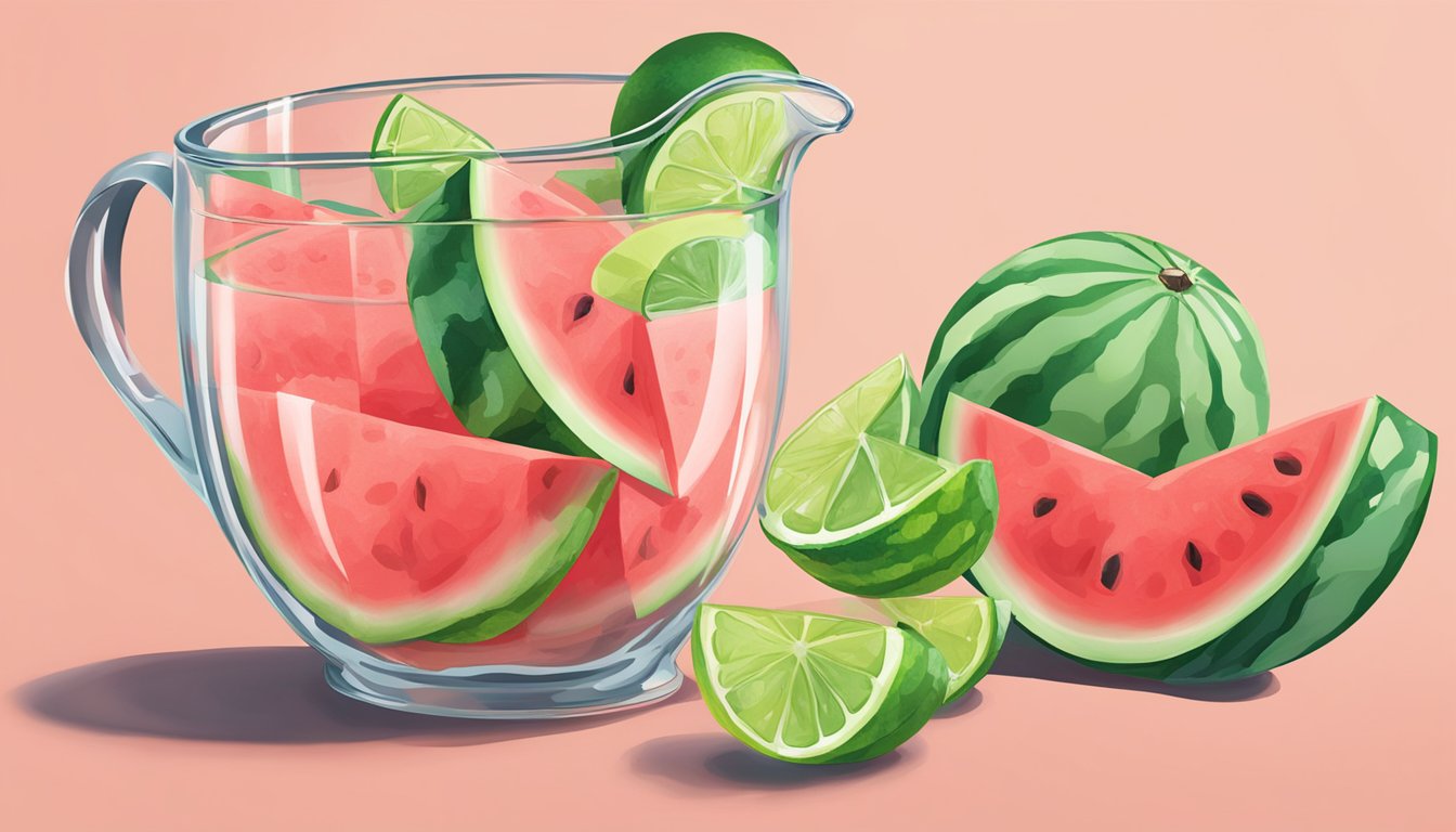 A watermelon and lime bubblr swirling together in a glass pitcher with slices of fruit floating inside