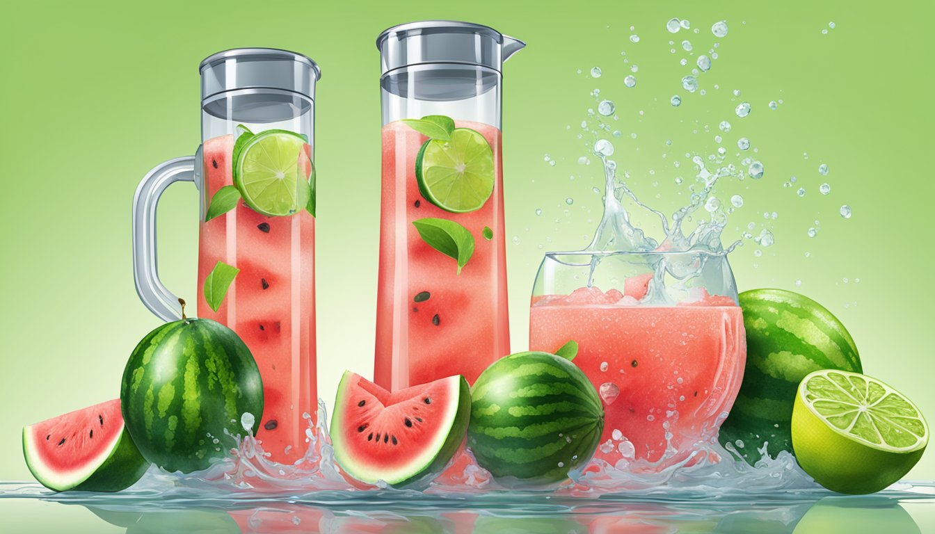 Watermelon and limes being processed in a bubbling liquid