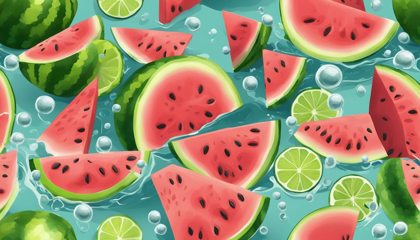 A watermelon and lime sitting on a bubbling surface