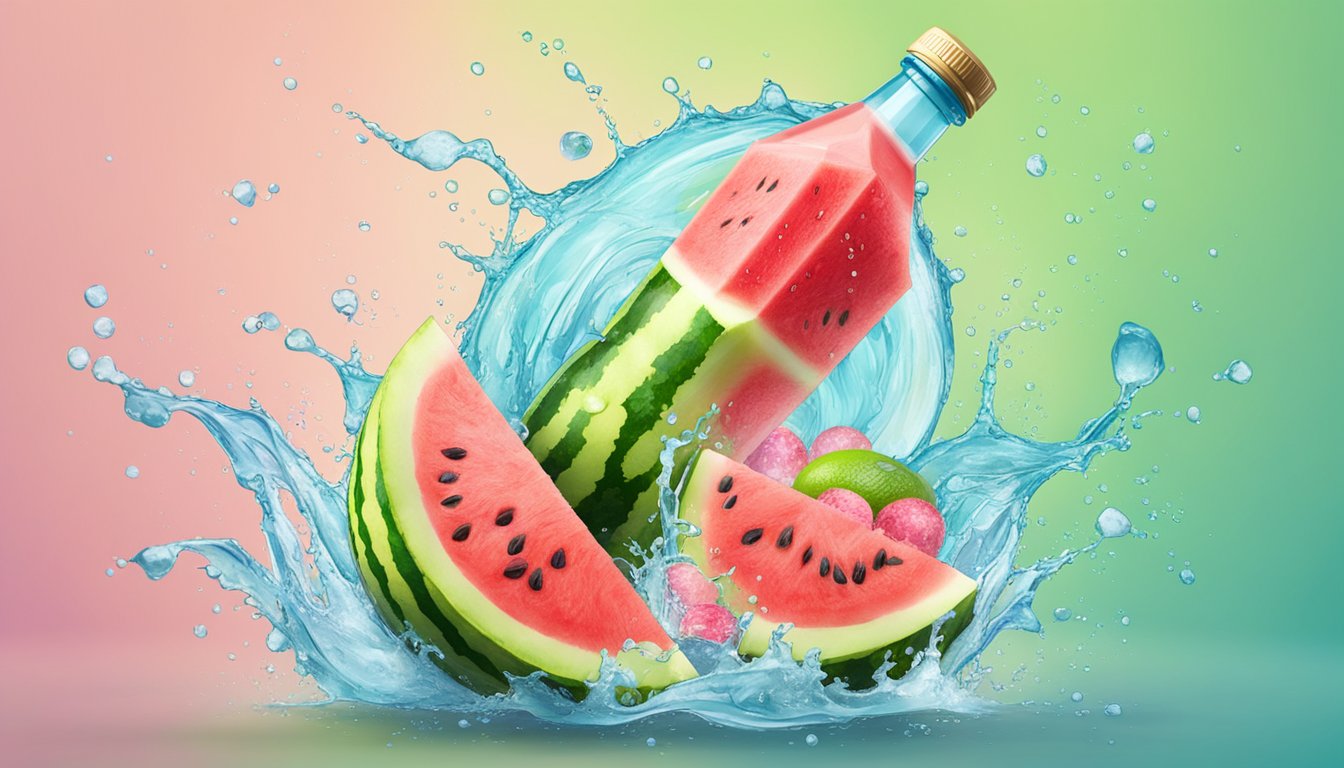 A vibrant watermelon and lime bubblr bottle surrounded by fresh fruit and splashing water