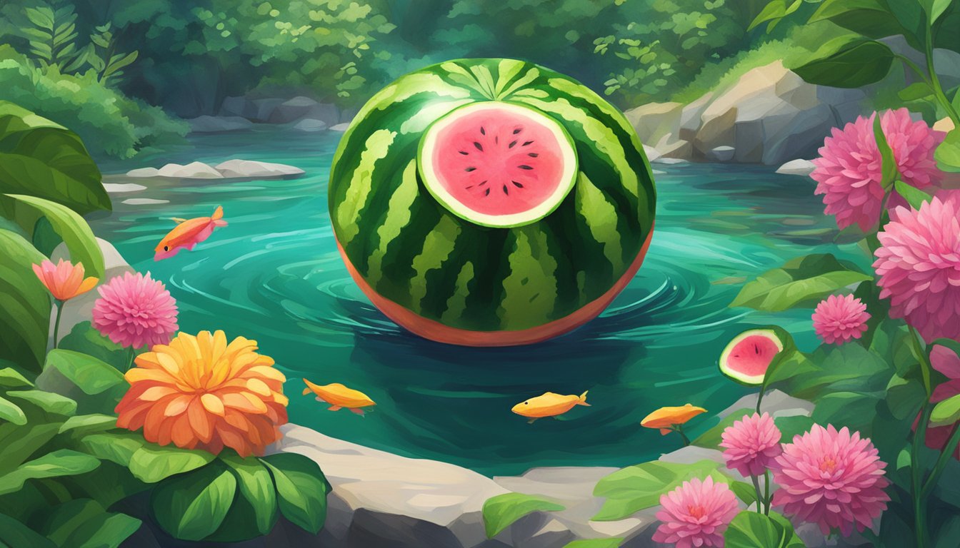 A watermelon and lime bubblr floating in a clear stream, surrounded by lush green foliage and colorful flowers