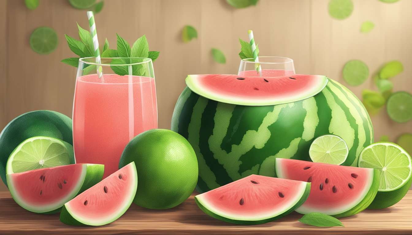 A watermelon lime bubblr sits on a wooden table surrounded by slices of fresh watermelon and lime