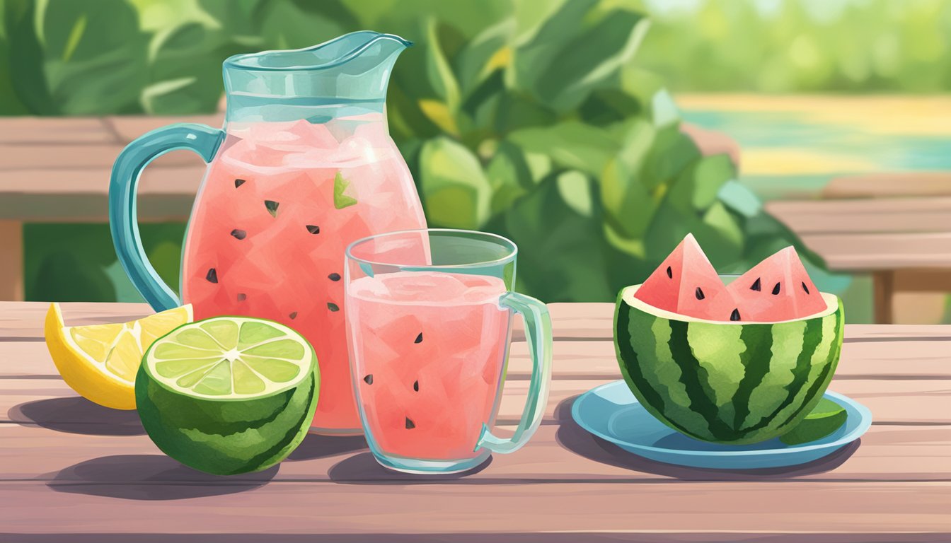 A watermelon and lime bubblr sitting on a picnic table next to a pitcher of lemonade and a bowl of sliced fruit