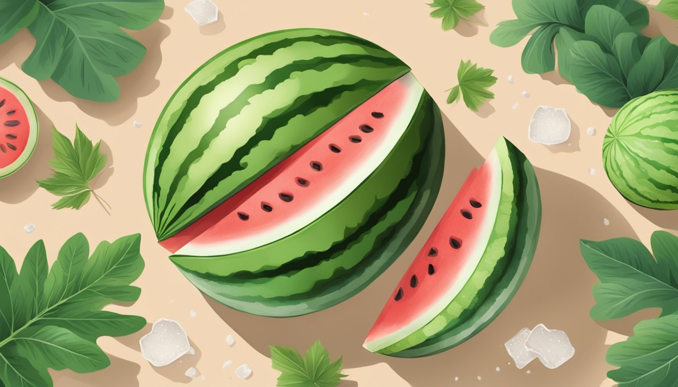 A watermelon sliced open with salt sprinkled on top, surrounded by green leaves and a rustic wooden table