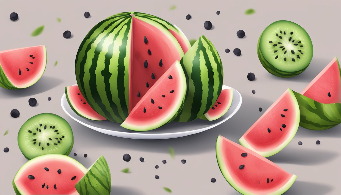 A ripe watermelon sliced open with a sprinkle of salt on top, surrounded by scattered watermelon seeds