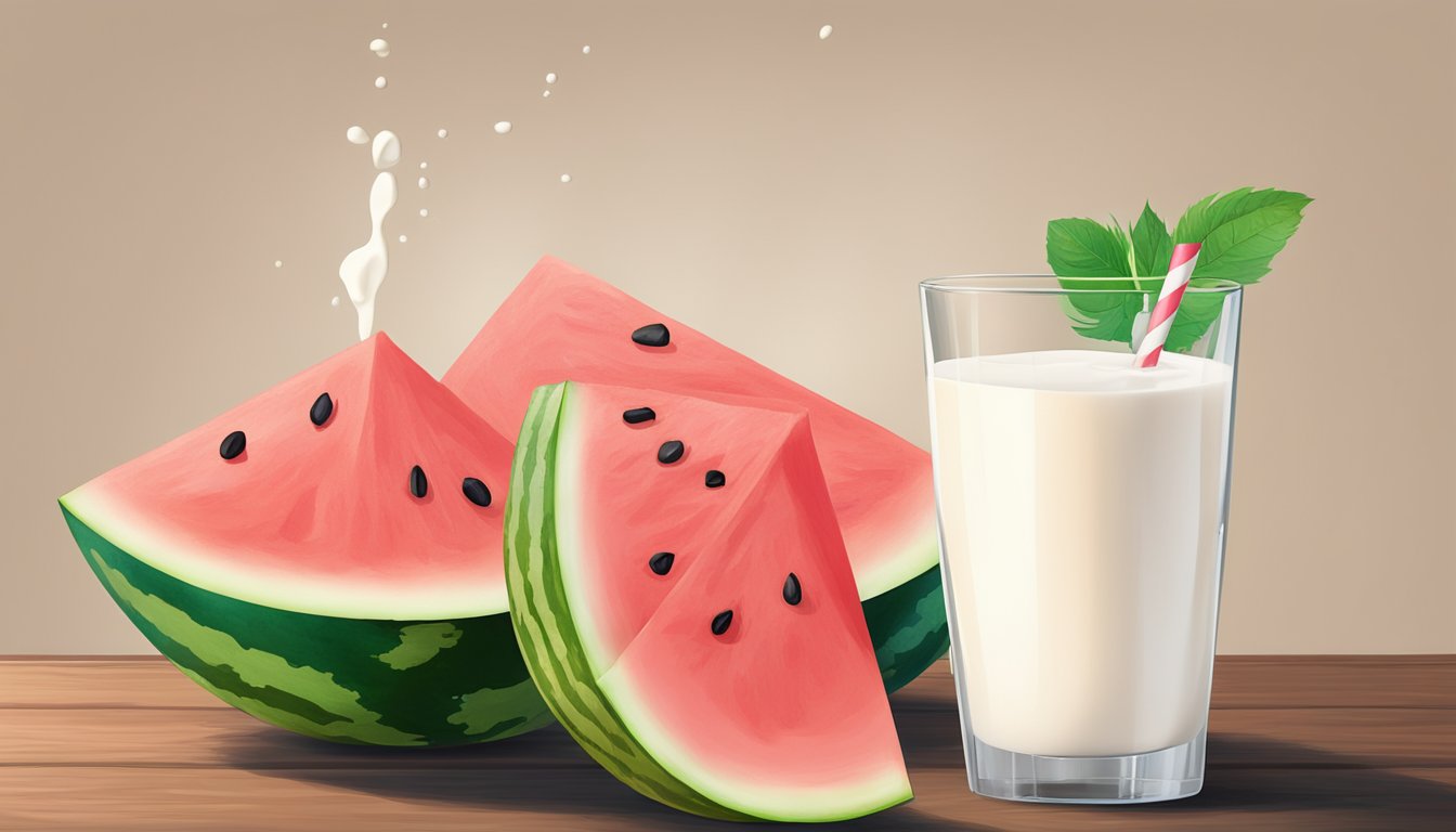 A watermelon and a glass of milk sit side by side on a wooden table, with a slice of watermelon and a splash of milk next to them