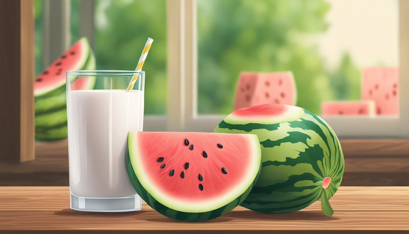 A sliced watermelon next to a glass of milk on a wooden table