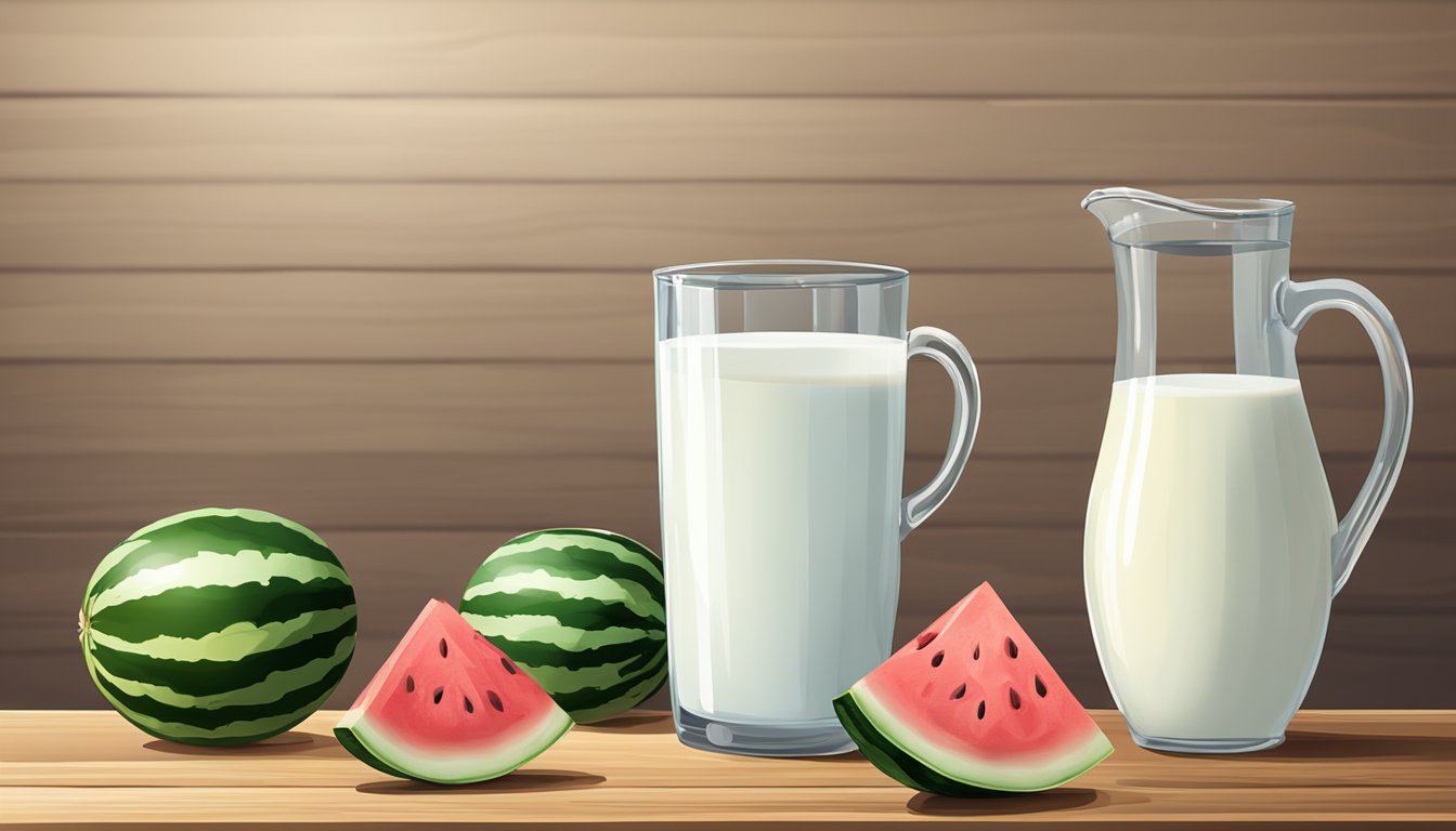 A watermelon and a glass of milk placed on a wooden table with a pitcher of milk in the background