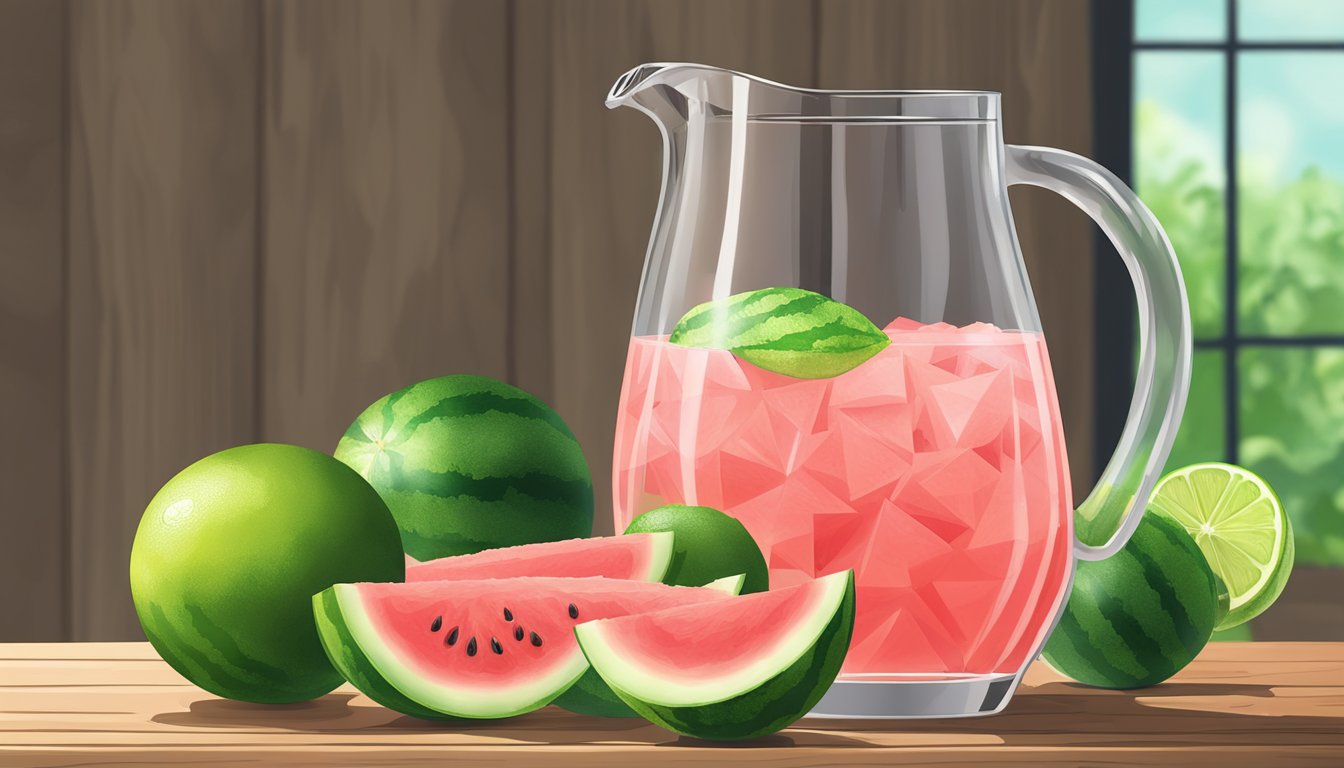 A pitcher of watermelon lime beverages surrounded by sliced watermelon and limes on a wooden table