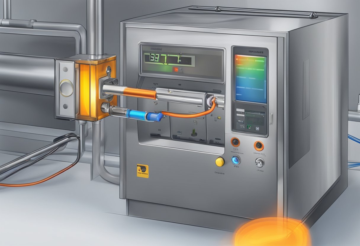 A thermocouple sensor inserted into a hot furnace, with two different metal wires connected at one end and a digital temperature display nearby