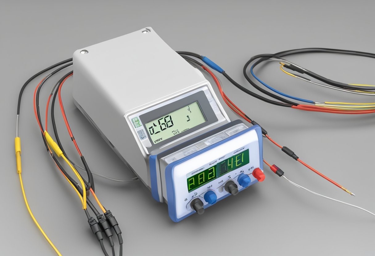 A thermocouple sensor measuring temperature on a hot surface with wires connected to a digital display