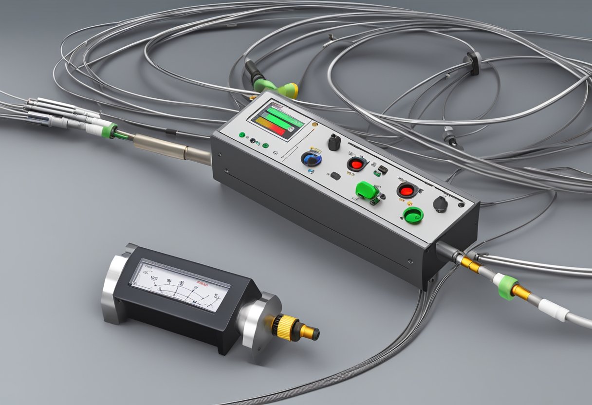 A thermocouple attached to a metal surface, with wires leading to a control panel and other sensors nearby for comparison