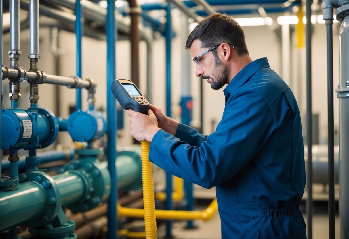 A technician using a handheld device to check for leaks in a complex industrial system, surrounded by pipes and machinery