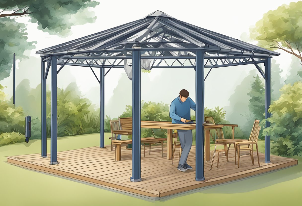 A person is assembling a gazebo frame, securing poles and connecting the canopy, with tools and instructions nearby