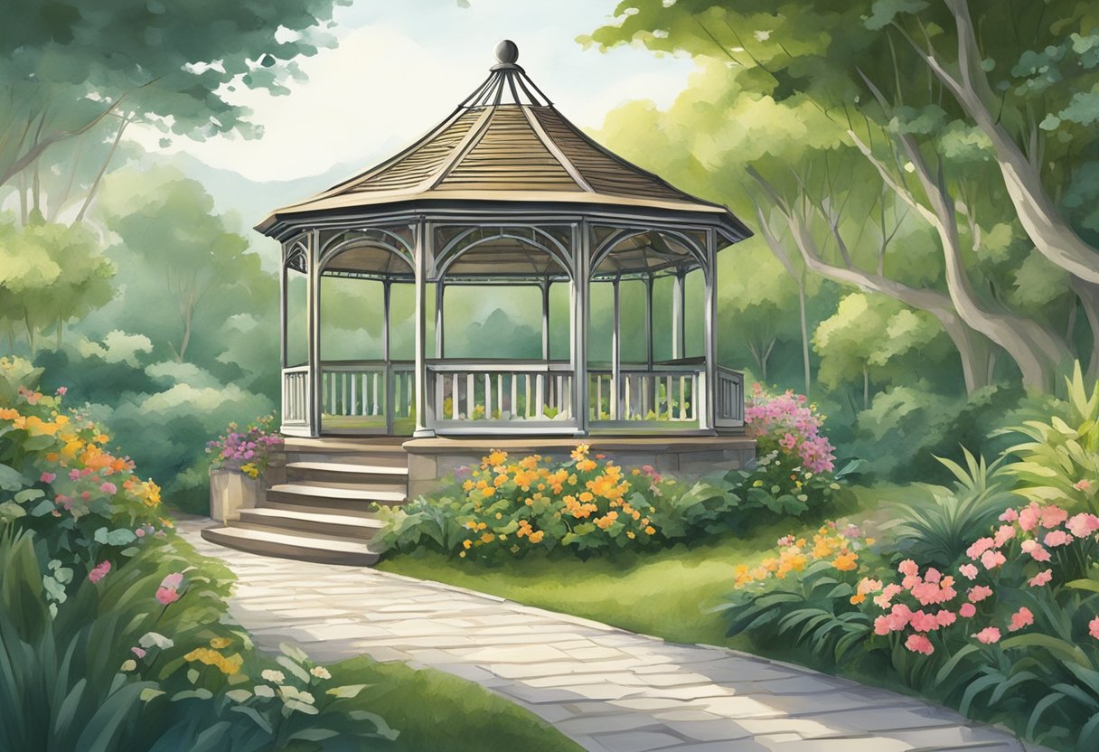 A variety of gazebos from around the world, each with unique architectural features, surrounded by lush greenery. A person carefully assembling a gazebo with the help of a manual