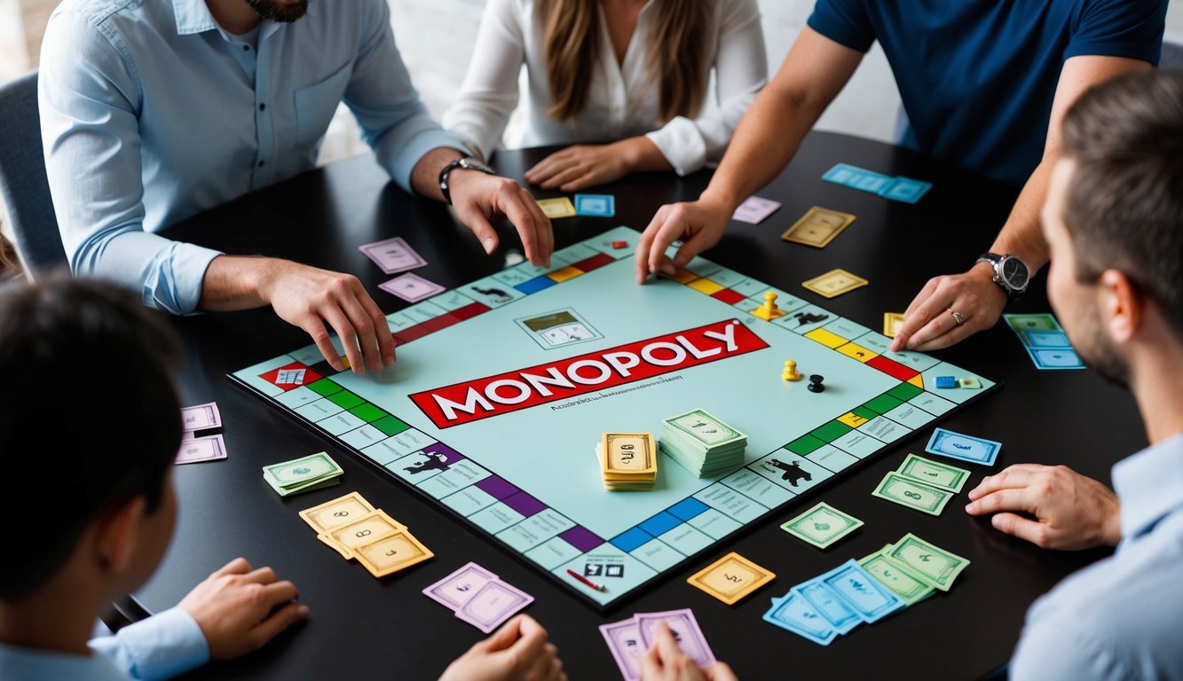 Um grupo de pessoas se reuniu em torno de uma mesa jogando uma partida de Monopoly, com dinheiro colorido, cartas de propriedades e peças de jogo espalhadas pelo tabuleiro.