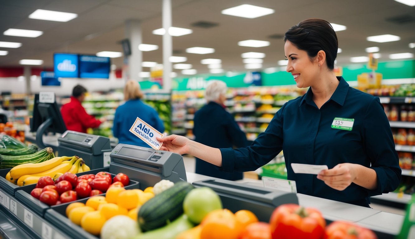 Um caixa de supermercado movimentado com um caixa aceitando um vale-refeição Alelo