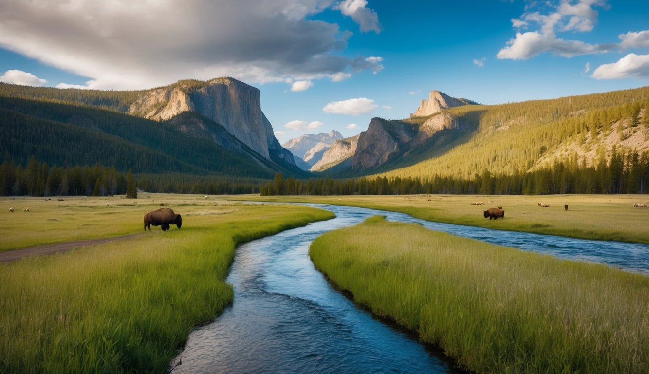 Uma paisagem serena de Yellowstone, com um rio tranquilo fluindo por um vale verdejante, cercado por montanhas imponentes e vida selvagem vibrante.