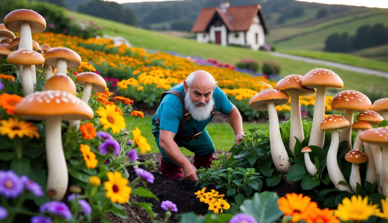 Um anão cuida de seu jardim, cercado por flores vibrantes e cogumelos altos. Uma pequena cabana fica ao fundo, aninhada entre as colinas suaves.