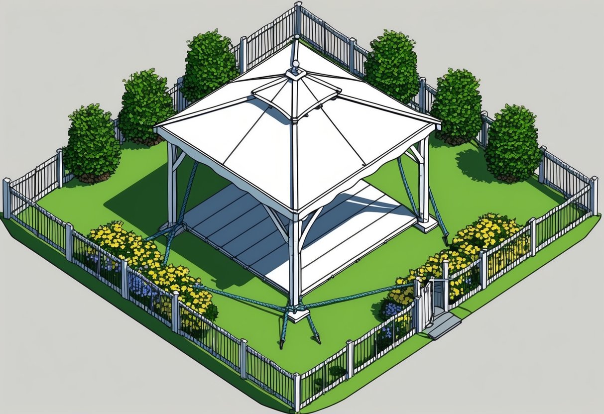 A gazebo anchored with heavy-duty stakes and tied down with taut ropes, surrounded by wind-resistant landscaping and windbreaks