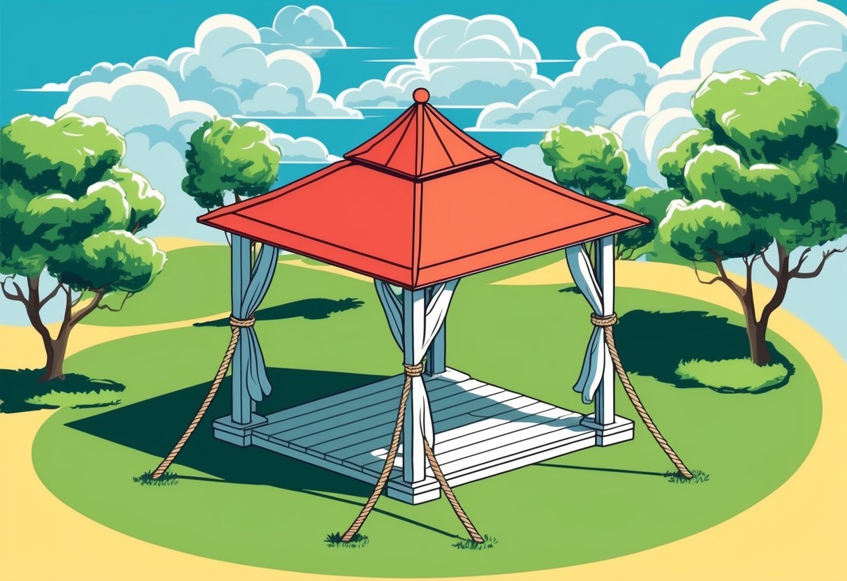 A gazebo anchored with heavy-duty stakes and tied down with taut ropes, surrounded by swaying trees and billowing clouds