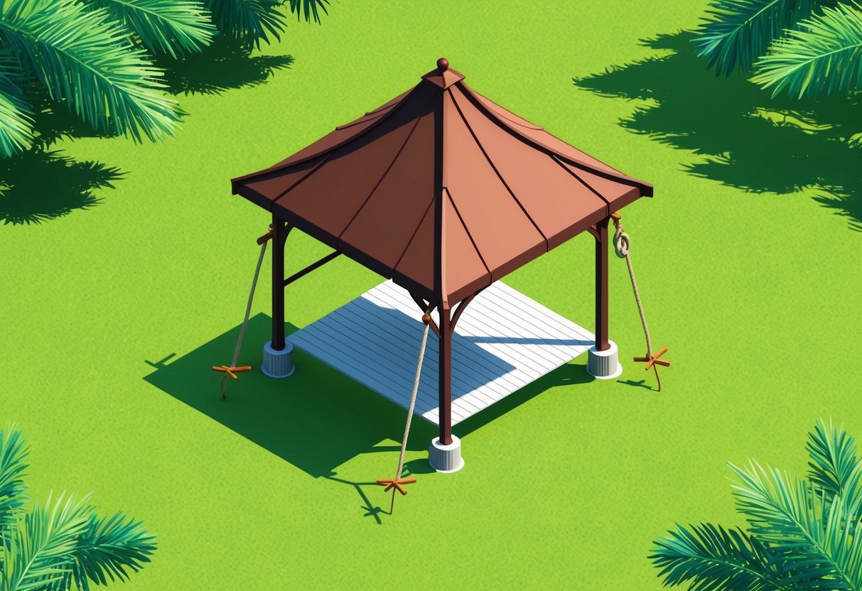 A sturdy gazebo anchored with heavy-duty stakes and tied down with strong ropes to secure it from strong winds