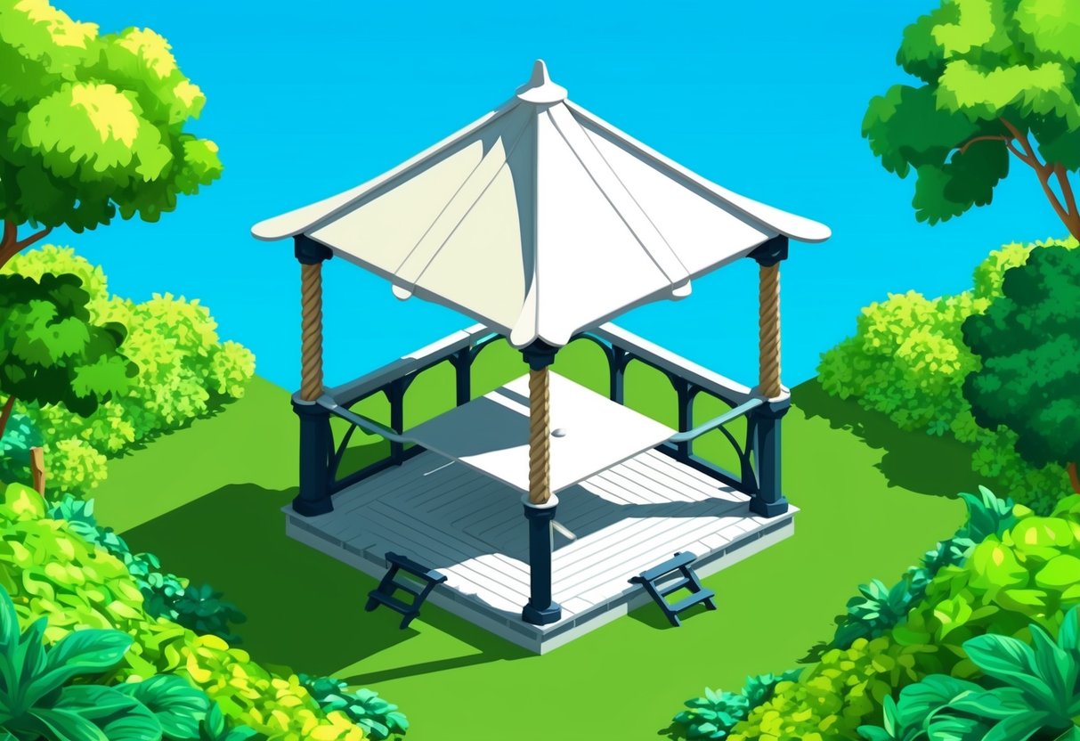 A gazebo anchored with heavy-duty ropes and stakes, surrounded by lush greenery and a clear blue sky