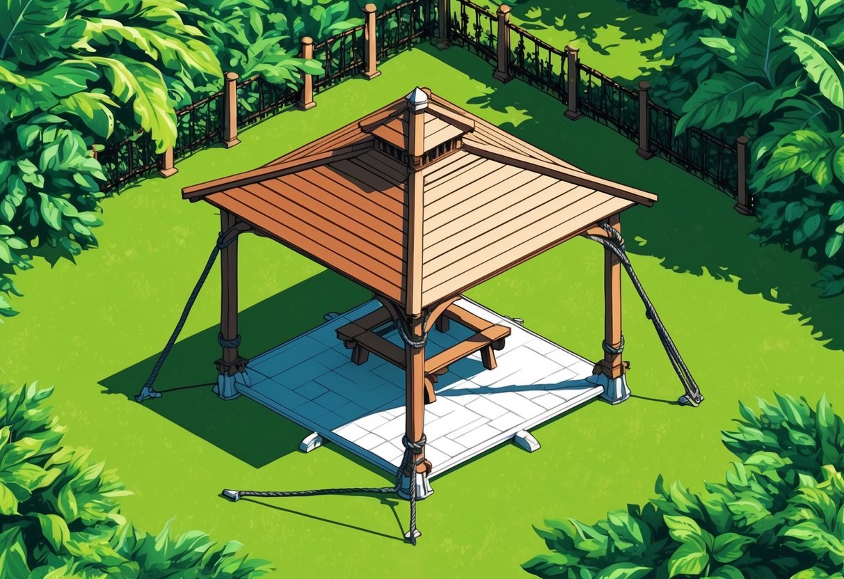 A sturdy gazebo anchored with metal stakes and heavy-duty ropes, surrounded by lush greenery and protected from strong winds