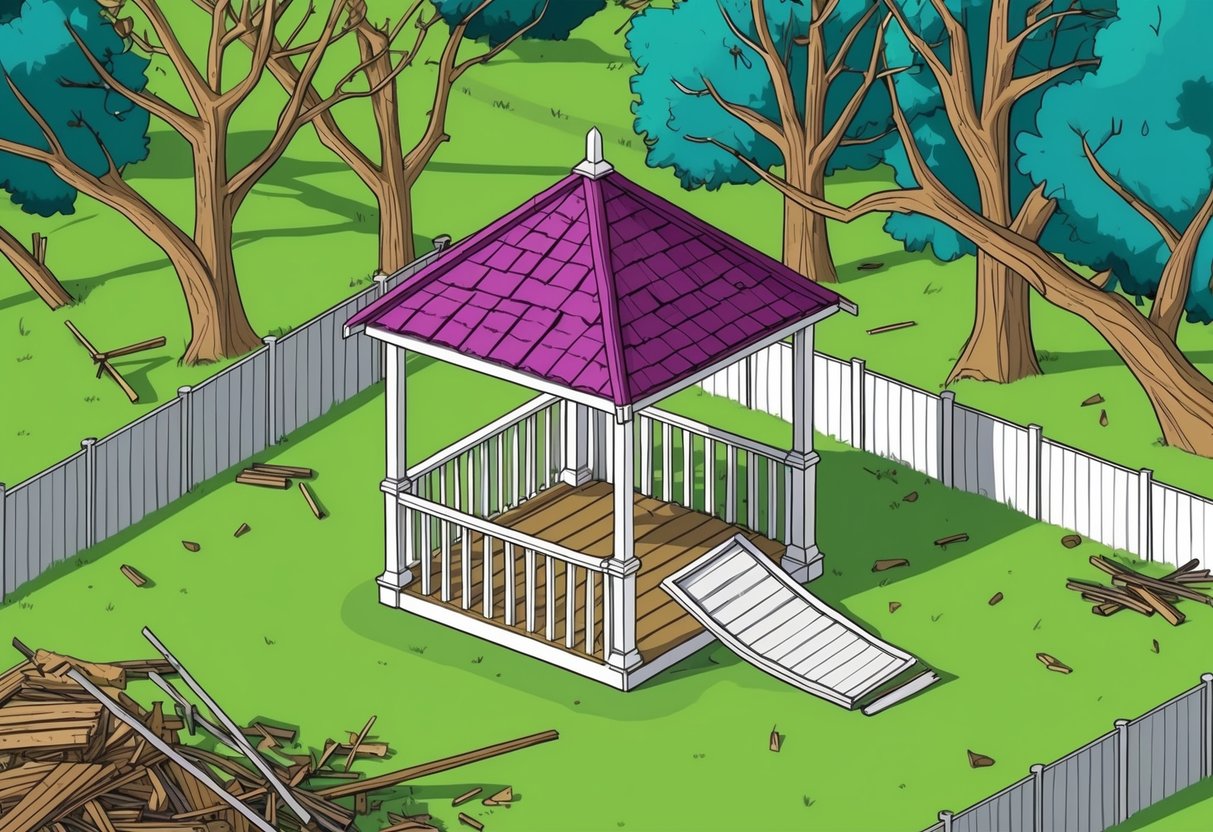 A gazebo sits in a backyard, its roof askew and one side collapsed from the force of the wind. Surrounding trees are bent and broken, with debris scattered across the ground