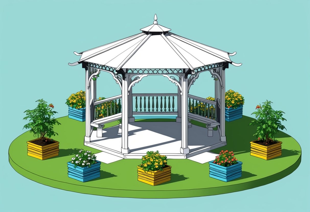 A gazebo with decorative and functional elements, surrounded by sturdy wind anchors and colorful planters