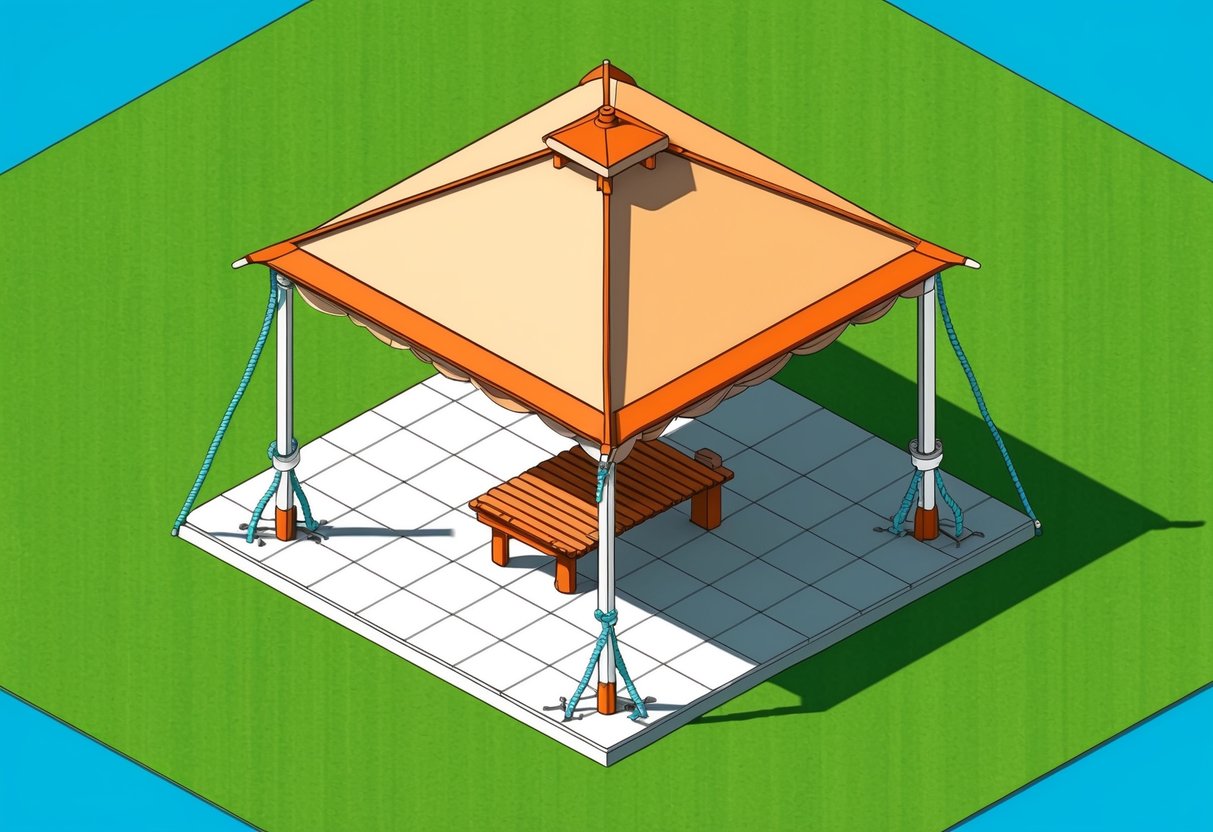 A gazebo anchored with heavy-duty stakes and tied down with taut ropes to secure it from strong winds