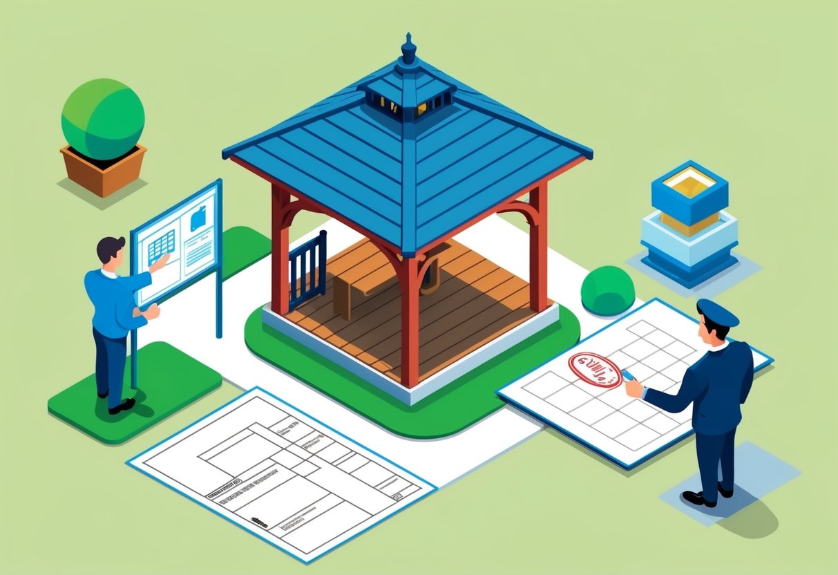 A homeowner submits a gazebo blueprint to a local planning office. A city official reviews the plans and stamps them with approval