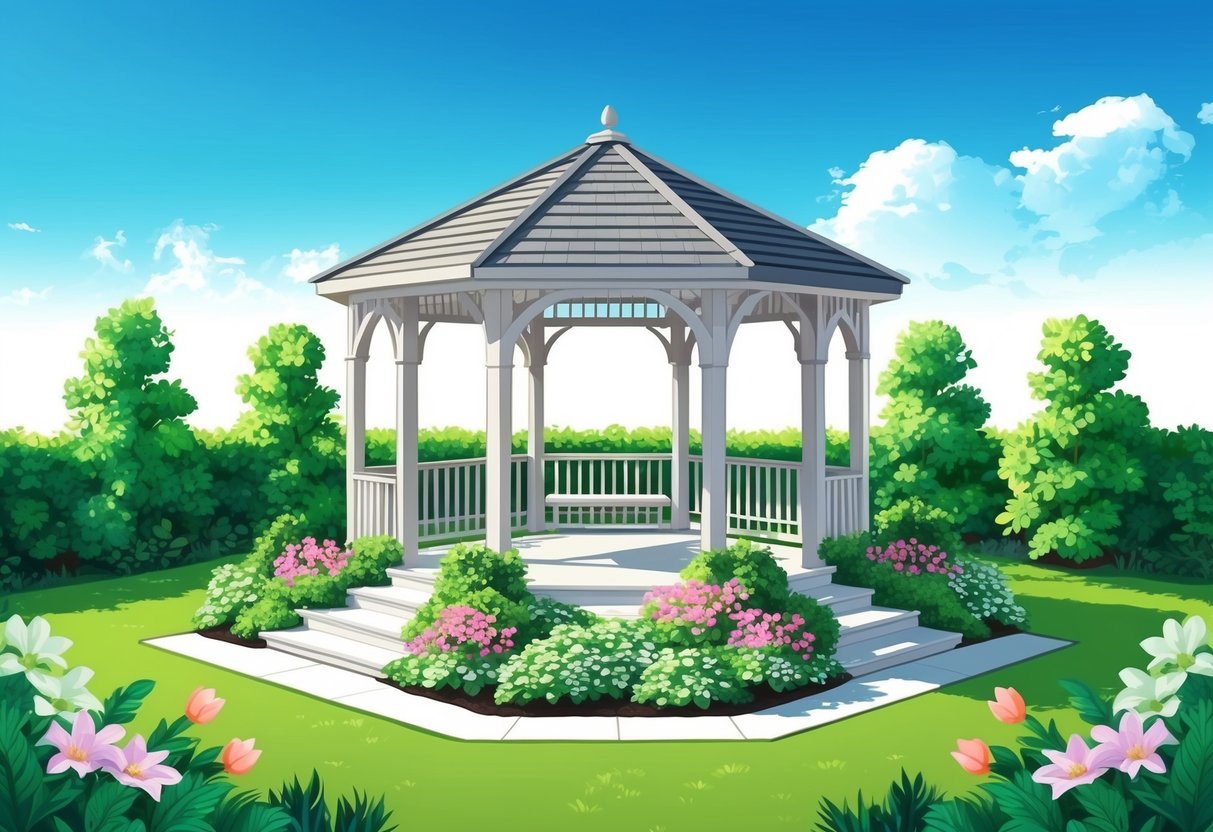 A serene garden setting with a gazebo surrounded by lush greenery and blooming flowers, with a clear blue sky overhead