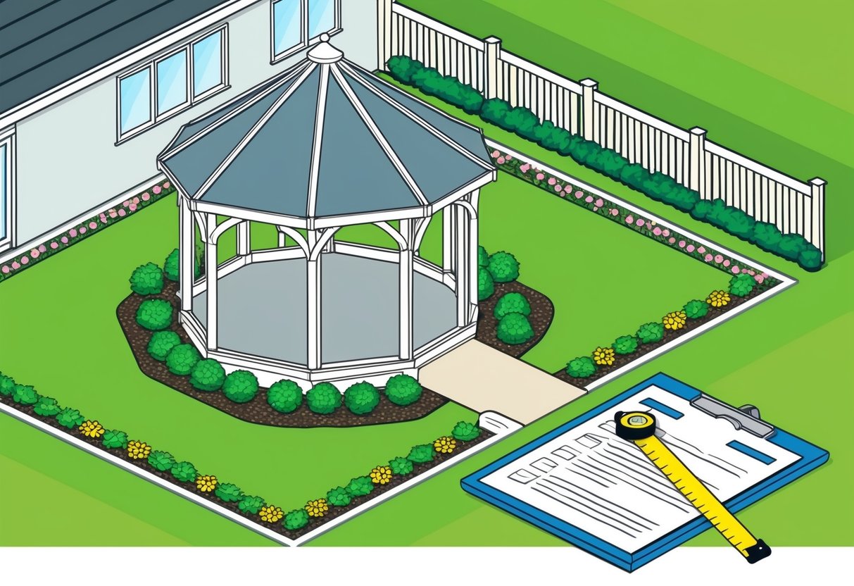 A suburban backyard with a gazebo surrounded by a neatly trimmed lawn and flower beds. A measuring tape and a clipboard with documents are on a table