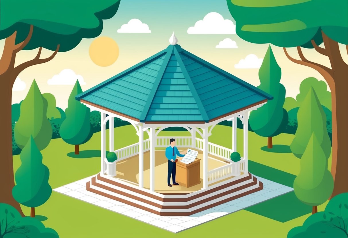 A serene gazebo surrounded by trees, with a person submitting planning permission paperwork to a local government office