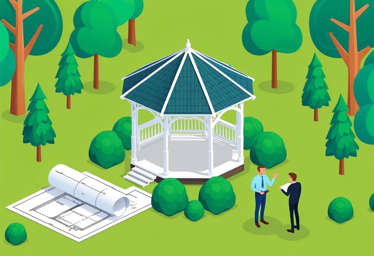 A gazebo surrounded by trees, with a blueprint and a person talking to a local official about planning permission