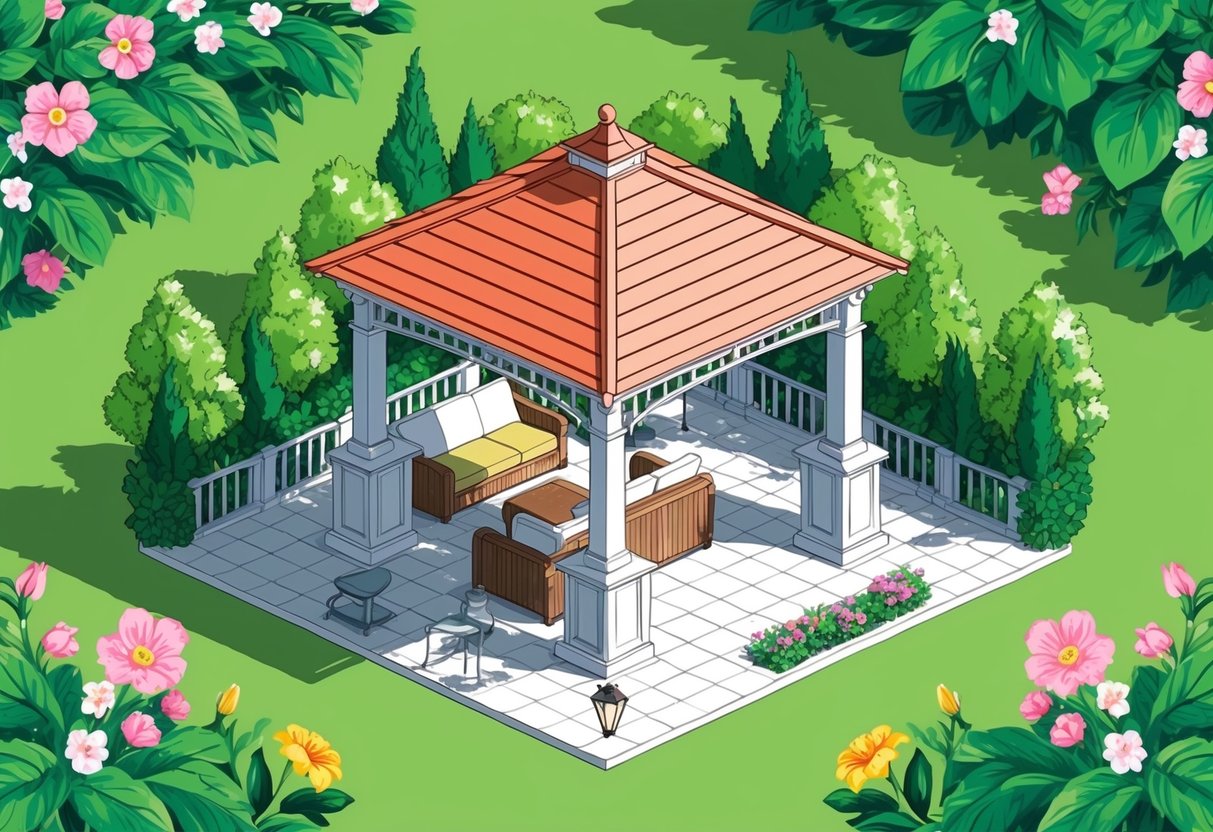 A well-maintained gazebo surrounded by lush greenery and blooming flowers, with a comfortable seating area and a variety of outdoor amenities