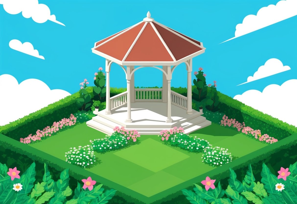 A serene garden with a gazebo surrounded by lush greenery and blooming flowers, under a clear blue sky