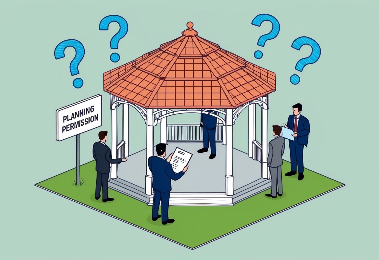 A gazebo surrounded by people with questions marks floating above their heads. A city official holds a document and points to a sign with "Planning Permission" written on it