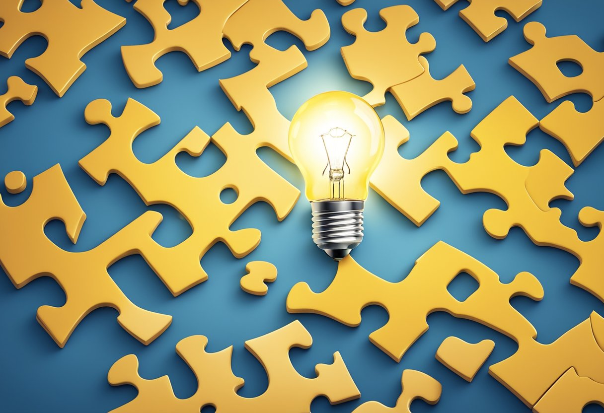 A group of interconnected puzzle pieces with a lightbulb above, symbolizing the idea of finding answers and solutions to frequently asked questions