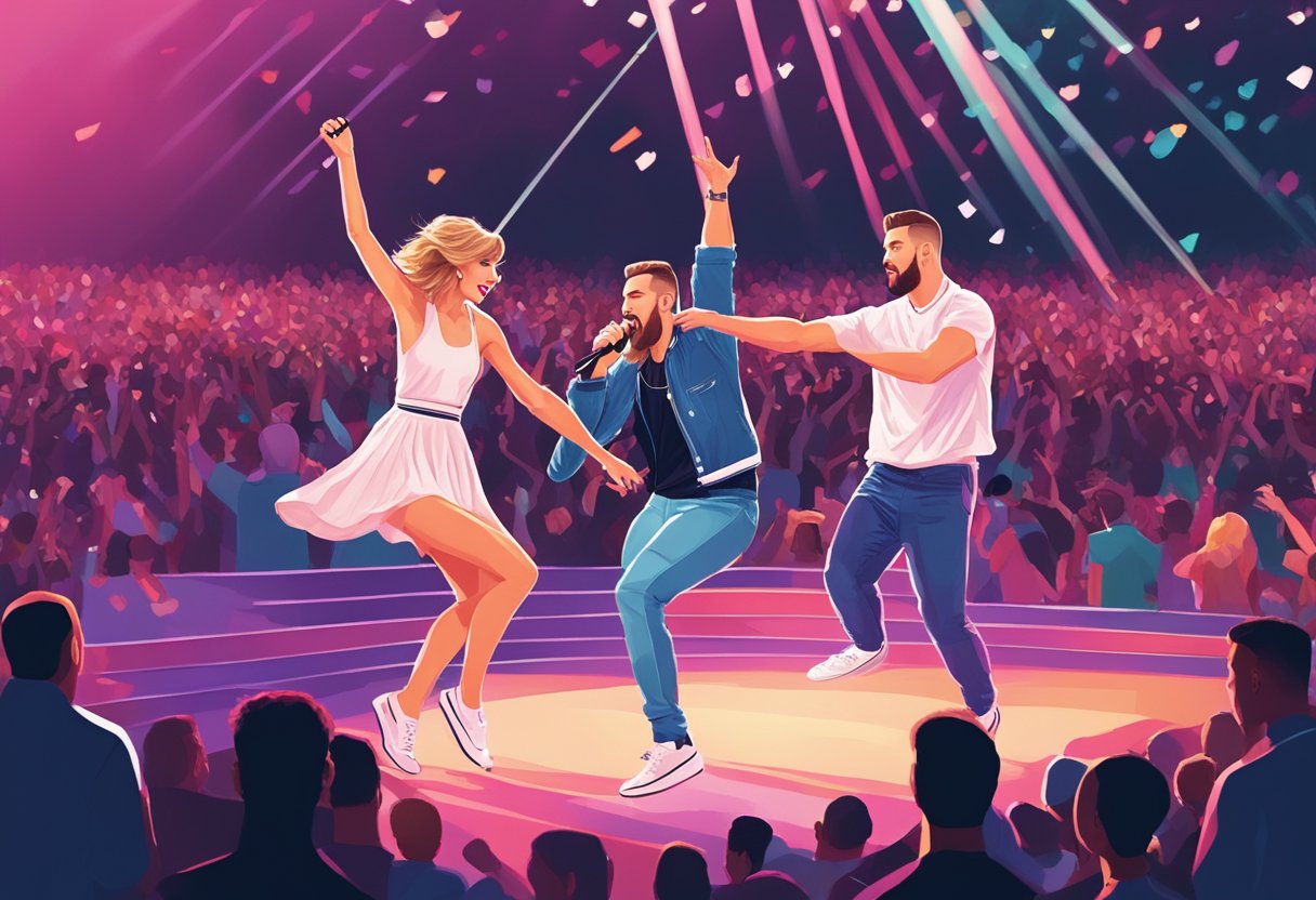 Taylor Swift and Travis Kelce dancing on stage at a concert