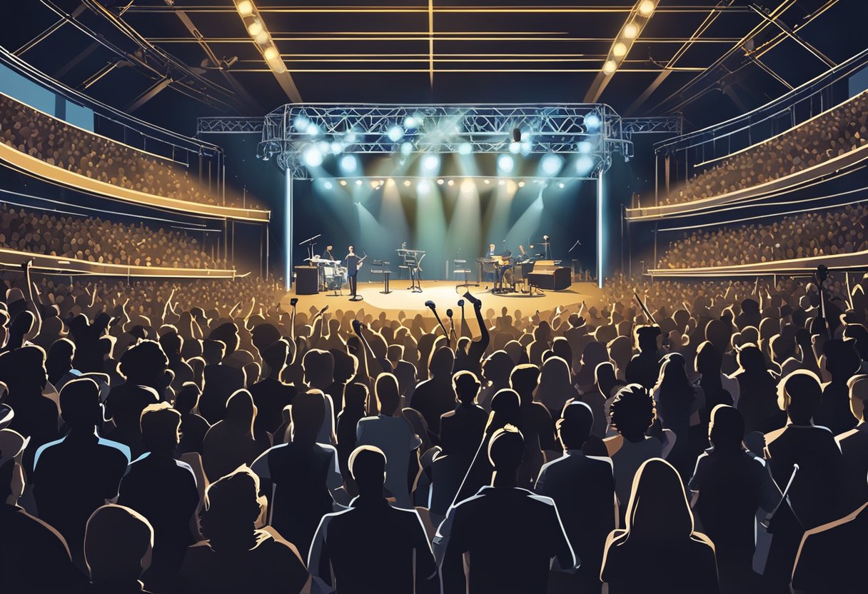 A crowded concert arena with stage lights shining on a microphone stand and musical instruments set up for a performance