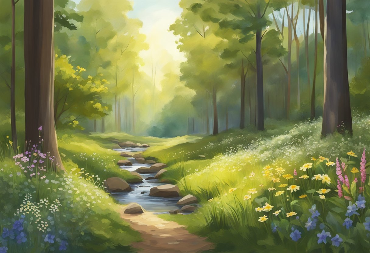 A serene forest clearing with a small stream, dappled sunlight, and a variety of wildflowers scattered across the ground