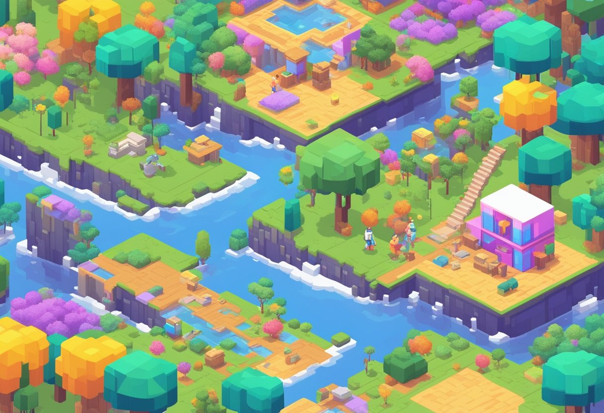 A colorful virtual world with pixelated landscapes and characters, filled with various games and activities