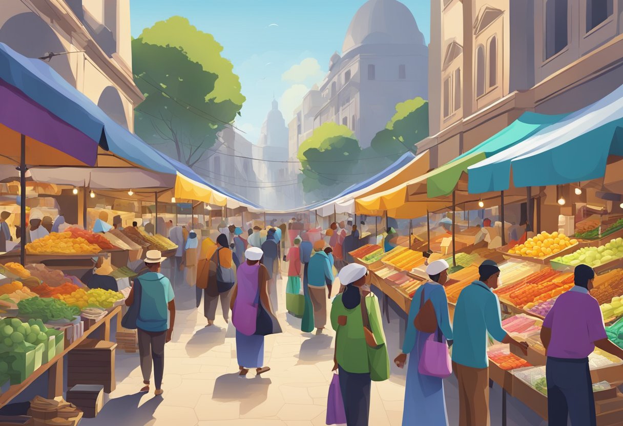 A bustling marketplace with colorful stalls and diverse vendors