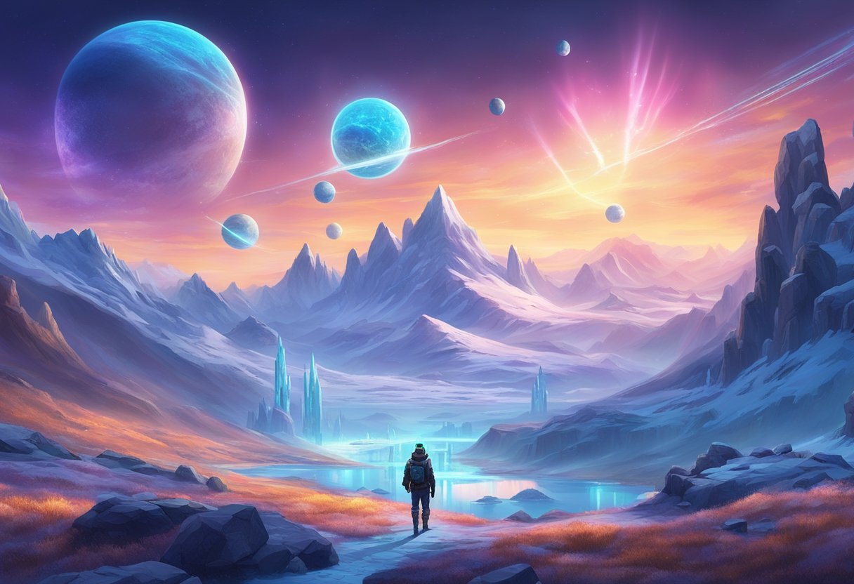 A futuristic gaming landscape with various themed categories, including fantasy, sci-fi, and adventure, set against a backdrop of icy mountains and glowing auroras